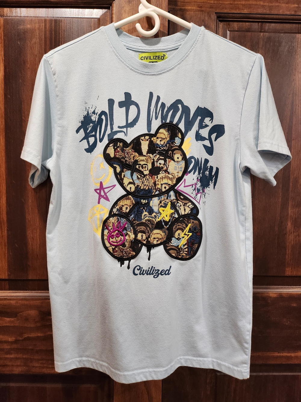 Civilized Brand Teen's Light Blue Graphic Tee - Bold Moves Teddy Design
